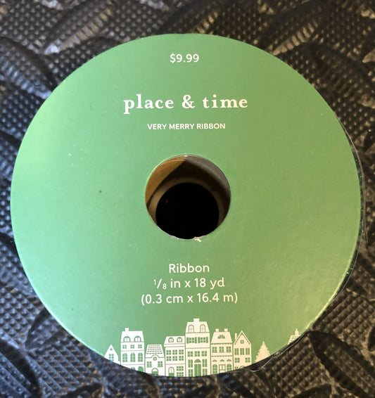 Place & Time Very Merry Wire Edge Ribbon, Teal, Dark Blue, & White, 1/8 in x 18 yd