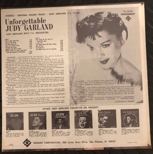 The Unforgettable Judy Garland, 1969 Vinyl LP, Radiant 711-0105