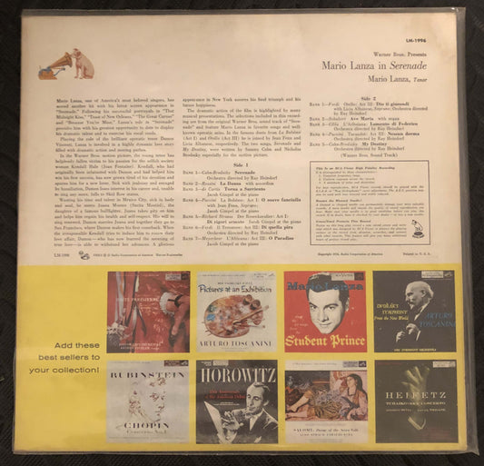 Mario Lanza in "Serenade" Original Sound Track Album, 1959 Vinyl LP, RCA LM-1996