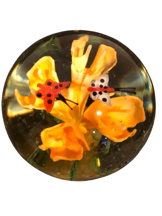 Blown Art Glass Flower and Butterfly Paperweight