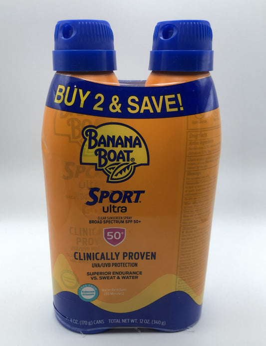 Banana Boat Sport Ultra Broad Spectrum SPF 50+ UVA/UVB Protection Clear Sunscreen Spray, 2 Pack
