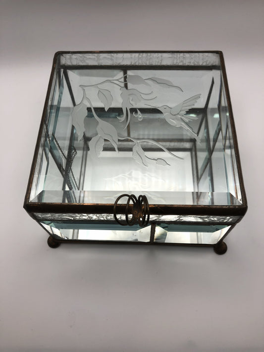 Vintage Hummingbird Glass Jewelry or Keepsake Box